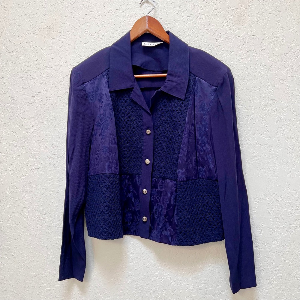 Lady Dorby Vintage Navy Crochet Floral Patchwork Button Up Blouse Top 90s Retro